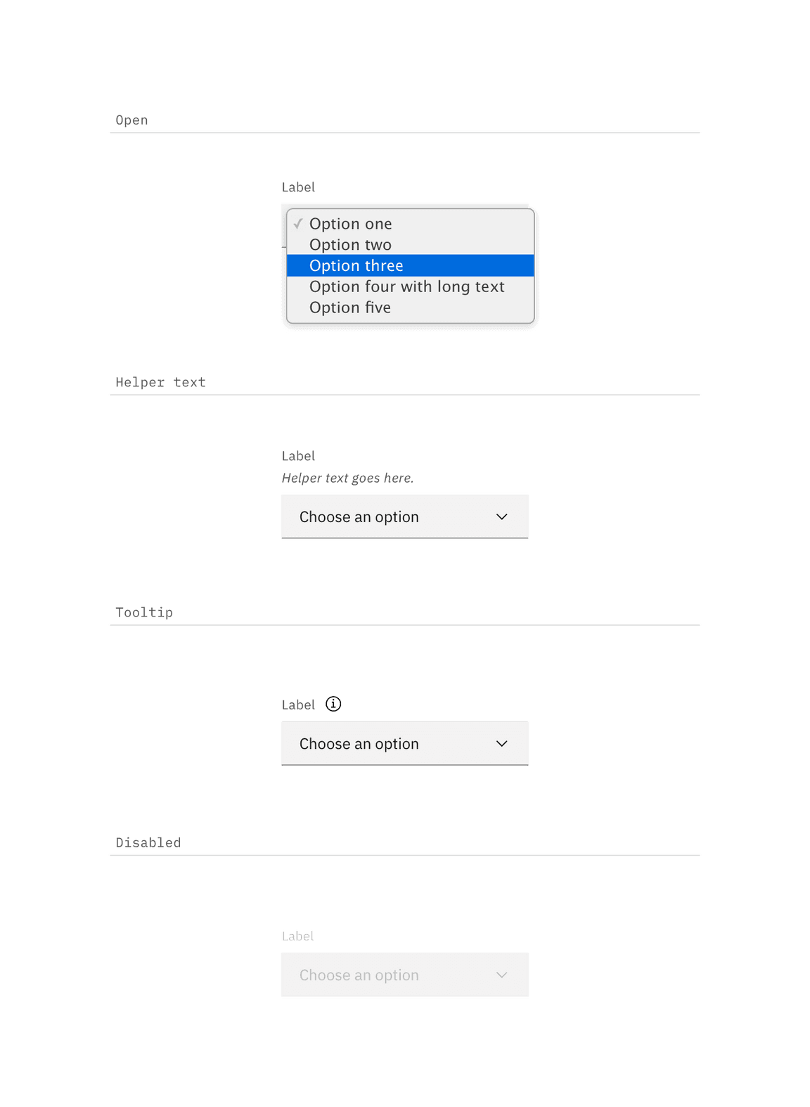 Open, disabled, and more information/help state examples for Select